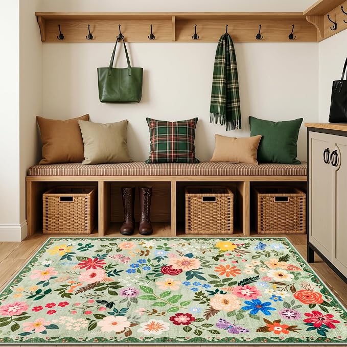Area Rug Living Room Rugs: Floral 3x5 Washable Rug Vintage Soft Boho Non-Slip Carpet Indoor Floor Stain Resistant Large Carpets for Bedroom Dining Room Farmhouse Nursery Hallway Green
