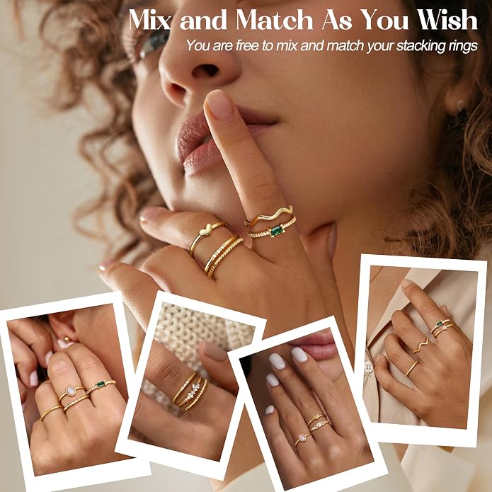 Fansilver 10PCS Stackable Gold Rings for Women Non Tarnish, 14K Gold Plated Dainty Cubic Zirconia Ring Set, Opal Emerald Heart Stacking Band Thumb Knuckle Rings Size 5-11
