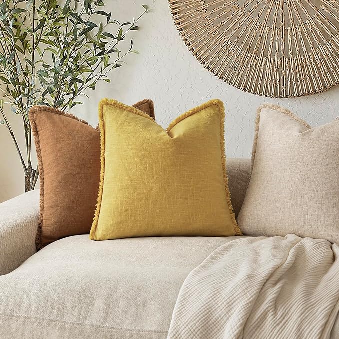 Foindtower Set of 2 Decorative Linen Fringe Throw Pillow Covers Cozy Boho Farmhouse Cushion Cover with Tassels Soft Accent Pillowcase for Couch Sofa Bed Living Room Home Decor,20×20 Inch,Ginger Yellow