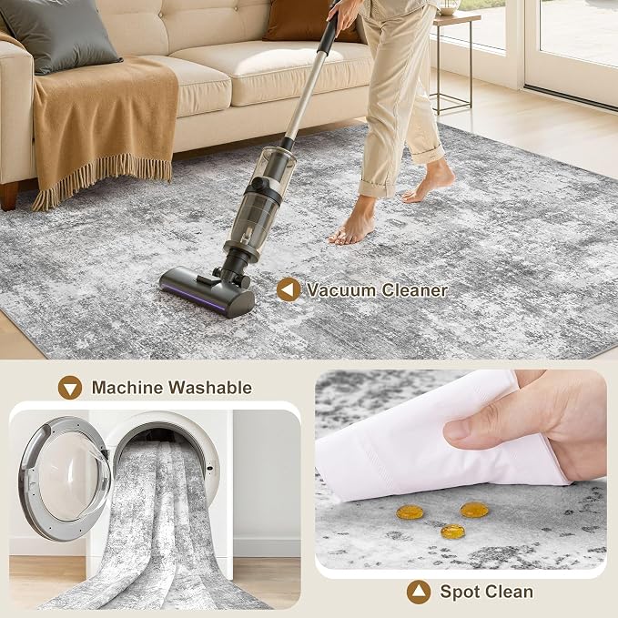 6x9 Area Rug, Non Slip Low Pile Washable Large Rug for Living Room | Soft Modern Abstract Carpet, Stain Resistant Kid & Pet Friendly, Made for Dining Room, Nursery, Home Office Indoor - Gray