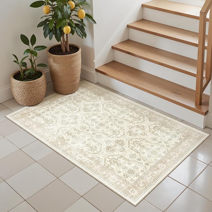 Soalmost 2x3 Washable Rugs for Kitchen, Floor, Entryway, Powder Room Small Area Rug Non-Slip Vintage Low Pile Throw Door Mat Beige/Brown