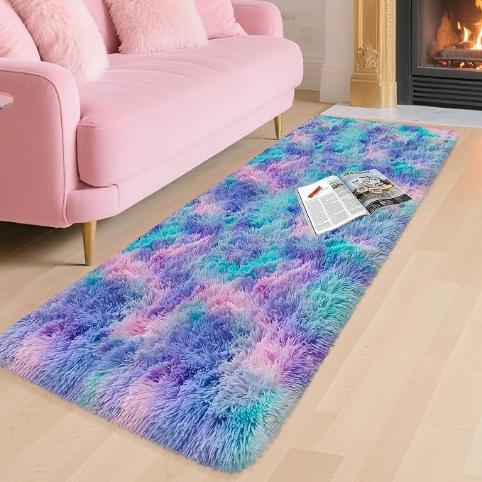 Shaggy Tie Dyed Light Blue Purple Runner Rug 2x6 ft Bedside Area Rugs for Living Room, Anti-Skid Extra Comfy Fluffy Floor Carpet for Indoor Hallway Home Decorative