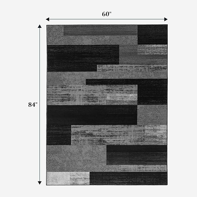LIANLAM 5x7 Washable Area Rugs for Living Room and Bedroom(5x7,Black&Gray) | Non-Slip Large Carpet,Vintage Checkered Pattern, Stain Resistant Faux Wool Low Pile Soft Rug for Dining Room,Office,Nursery