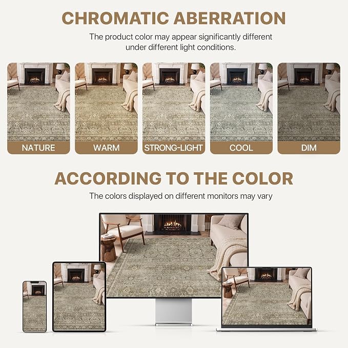 BESBLEE 3X5 Area Rugs Machine Washable Rugs for Living Room, Vintage Boho Large Rugs for Bedroom Dining Room, Non Slip Indoor Soft Distressed Lightweight Thin Low Pile Carpet, Dark Brown