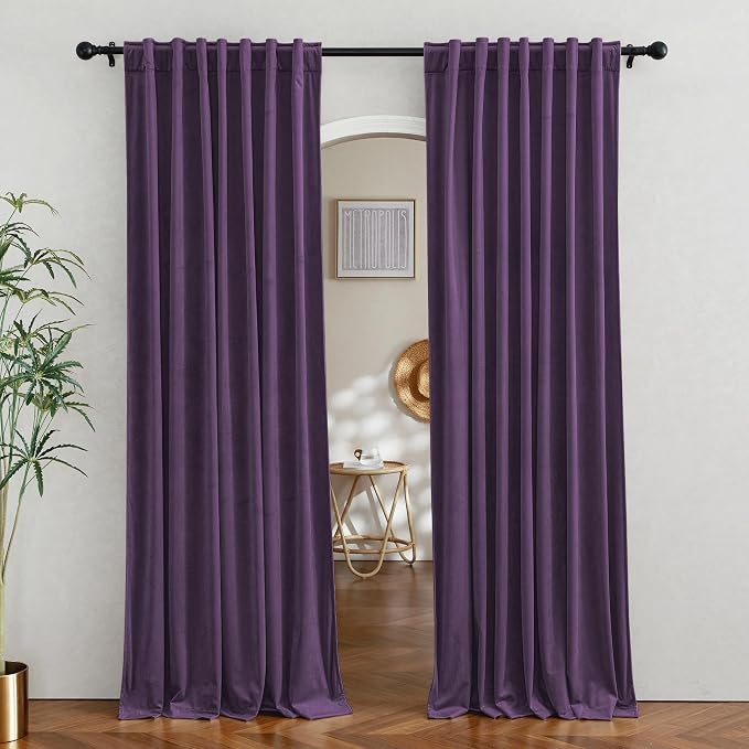 RYB HOME Purple Velvet Curtains for Bedroom Living Room, Thermal Insulated Privacy UV Heat Blocking Luxurious Soft Rod Pocket Back Tab Drapes for Nursery, 52" W x 72" L, 2 Panels