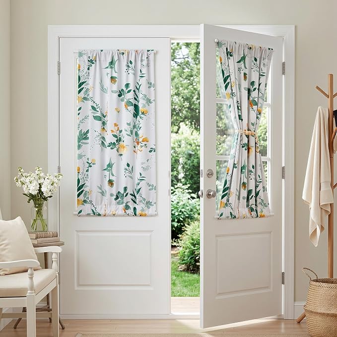 MYSKY HOME Floral French Door Curtains 40 inch Long Set of 2 Blackout Privacy Sidelight Door Window Drapes with Rod Pocket, Yellow and Green, 24" W Each Panel