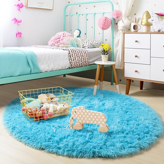 Amdrebio Blue Soft Round Rugs 4Ft for Kids Bedroom, Fluffy Circle Area Rugs for Teen Girls Boys, Cute Play Room Decor Aesthetic, Plush Shaggy Fuzzy Carpet for Nursery Classroom Preppy Dorm Playroom
