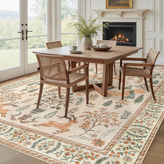 Living Room Rugs 9x12: Washable Boho Rug Farmhouse Non Slip Stain Resistant Large Rug Low Pile Soft Carpet for Bedroom Dining Room Children Room (Cream Animal,9'x12')