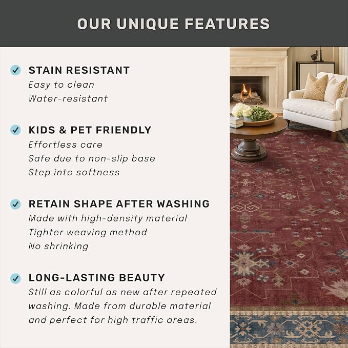 Dark Red 2'6''x10' Wide Hallway Runner Rug - 10ft Long Washable Non Slip Indoor Door Mats for Entryway, Low Pile & Soft Boho Geometric Floral Pattern Burgundy Area Rug