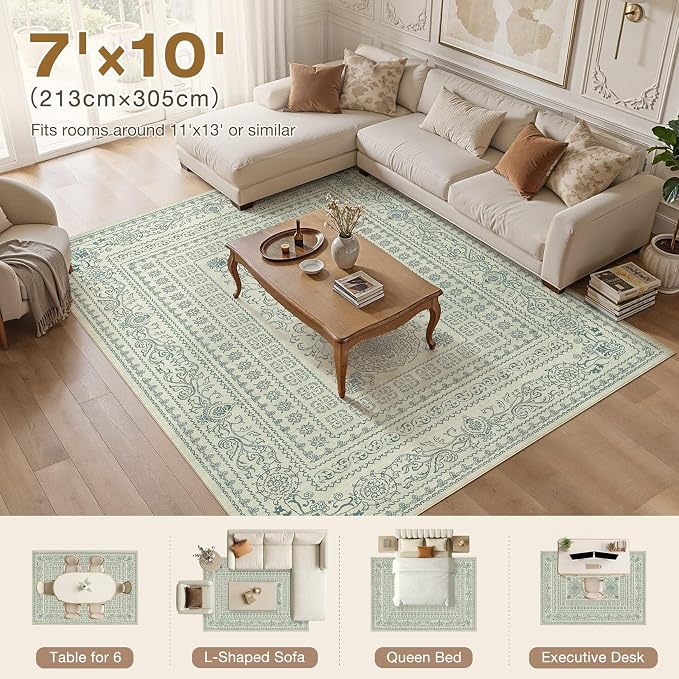 Nakagishi 7x10 Area Rugs Living Room: Washable Large Vintage Rug Neutral Non-Slip Soft Stain Resistant Indoor Carpet for Bedroom Nursery Dining Room Office Playroom - Forest Green