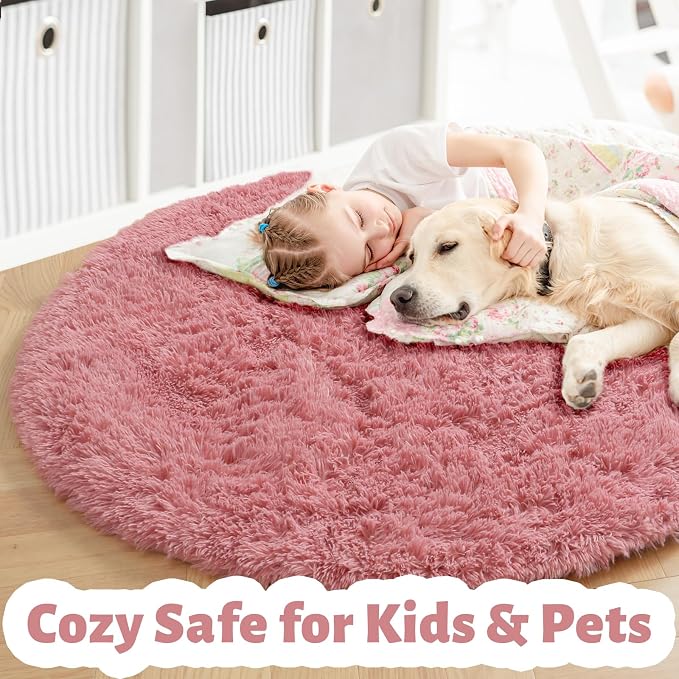 Blush Pink Small Round Rug 3Ft for Kids Bedroom, Fluffy Fuzzy Furry Circle Area Rugs for Girls Room Decor Aesthetic, Shaggy Circular Carpet for Nursery Dorm Baby, Cute Neutral Dusty Rose Mauve Rug