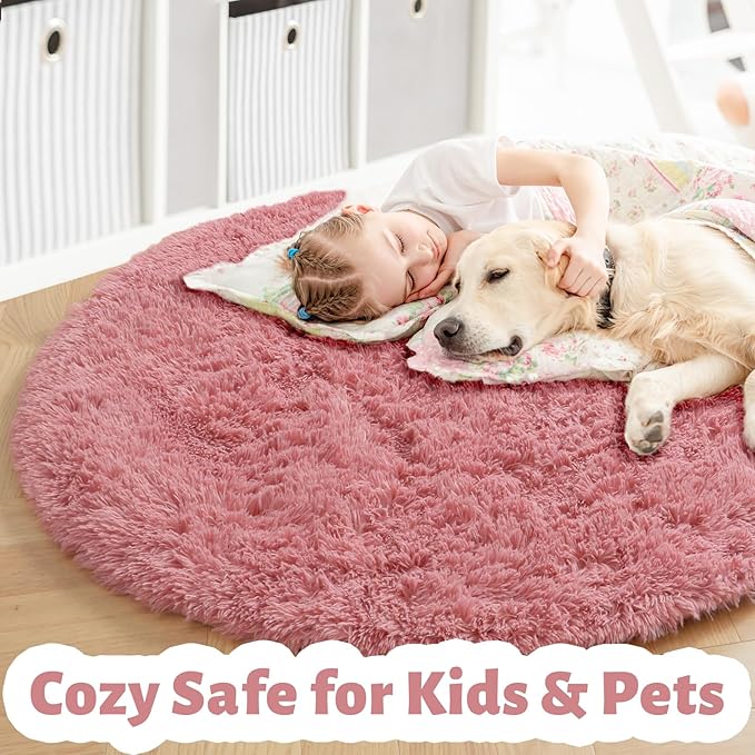 Blush Pink Round Rug 6Ft for Bedroom, Fluffy Fuzzy Plush Circle Area Rugs for Baby Kids Room Decor Aesthetic, Shaggy Circular Carpet for Girls Nursery Dorm Playroom, Cute Large Dusty Rose Mauve Rug