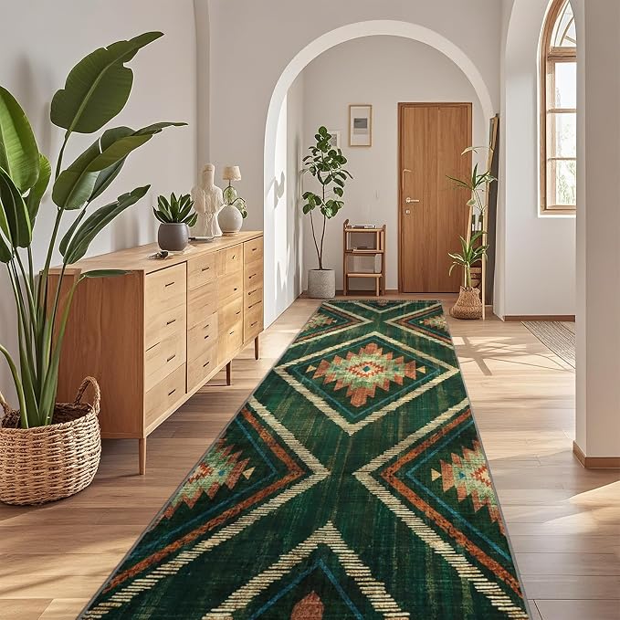 Runner Rugs for Hallway Boho 3x10Ft Non Slip, Green Moroccan Washable Kitchen Rug Runner Non Shedding, Soft Geometric Entryway Floor Carpet for Floor Bedroom Doorway Office Decor