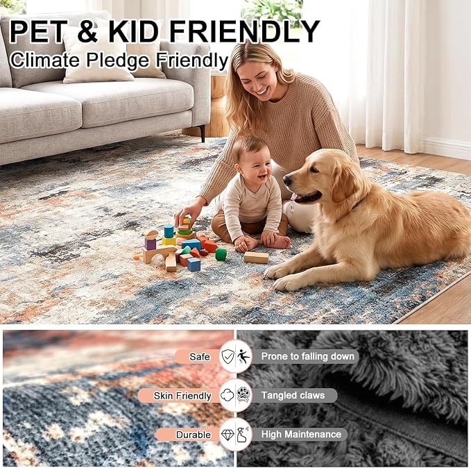 6'x9' Washable Rugs for Living Room, Modern Abstract Distressed Large Carpet, Water Resistant 0.3 Inch Low Pile Floor Mat for Dining Room Bedroom Office, Terracotta Blue
