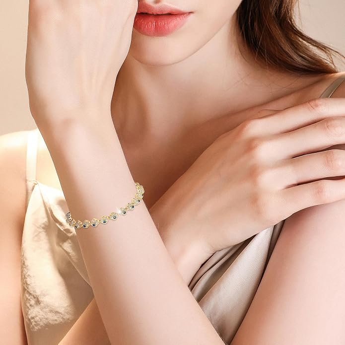 Richapex Diamond Tennis Bracelet for Women, Eternity Bracelet Blue Cubic Zirconia, Sapphire Bracelet, 18K Gold Plated Hypoallergenic Bracelets -7.48inch/190mm
