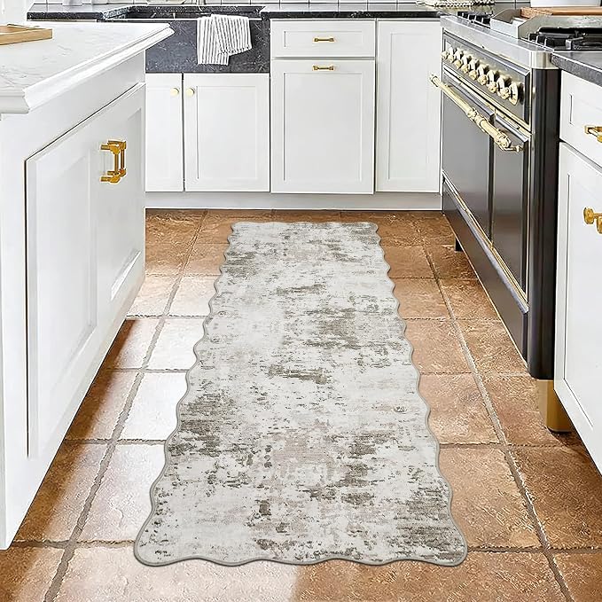 ROYHOME 2x6 Modern Abstract Scalloped Runner Rug Non Slip Soft Stain Resistant Low Pile Machine Washable Non Shed Rug for Hallway Kitchen Bathroom, Taupe