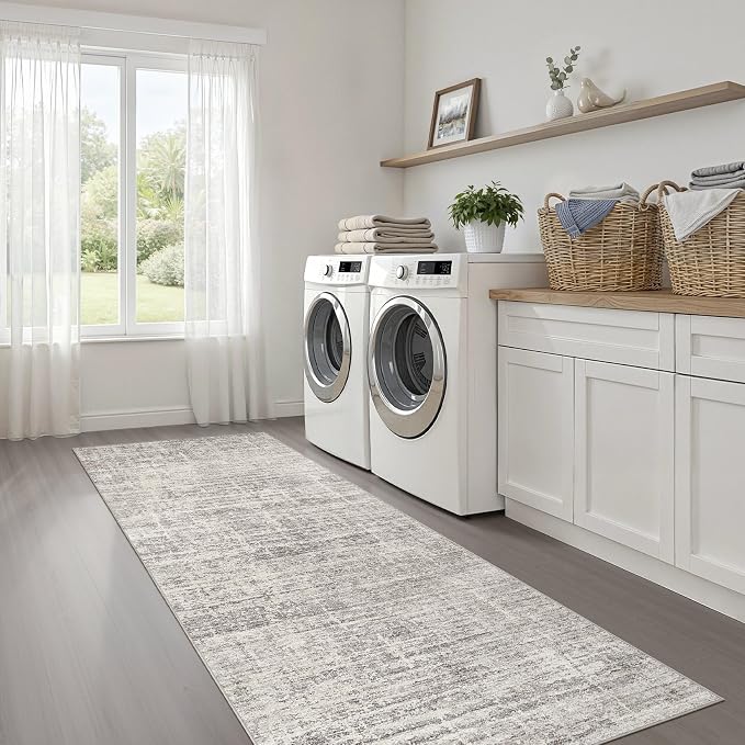 Runner Rug Non-Slip Kitchen Rug: 2x6 Washable Abstract Modern Soft Stain Resistant Indoor Floor Neutral Accent Throw Carpet for Hallway Bathroom Laundry Room Bedroom Entryway- Brown Gray