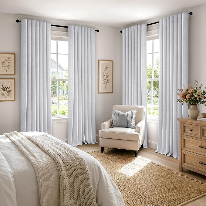 MIULEE 100% Blackout Linen Curtains 42 x 63 Inch Grayish White 2 Panels | Thermal Insulated, Room Darkening Drapes for Bedroom Living Room, Back Tab Rod Pocket Pinch Pleated, Solid Luxury Decor
