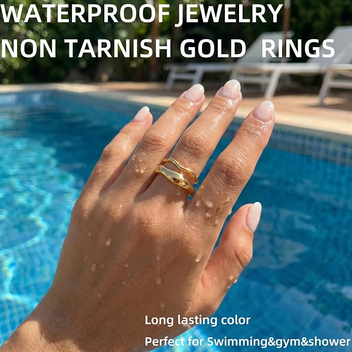 Gold Rings for Women Men Non Tarnish, Waterproof Chunky 14K Gold Plated Dainty Stackable Rings Trendy Statement Pinky Thumb Rings Engagement Eternity Wedding Band Ring Stacking Gold Jewelry Size 3 4 5 6 7 8 9 10 11