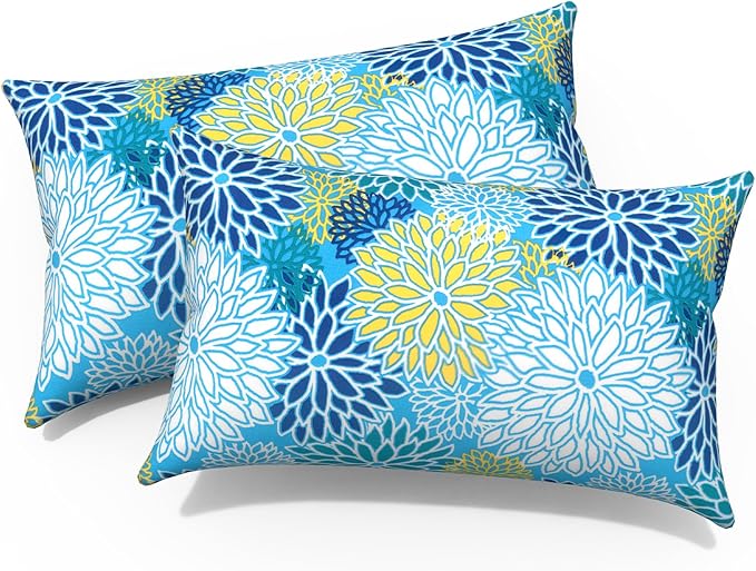 Pack of 2 Outdoor Lumbar Pillow Covers, All Weather Cushion Pillow Cases 12x20 Inch, Pillowcase for Patio Couch Decoration, Dahlia Blue