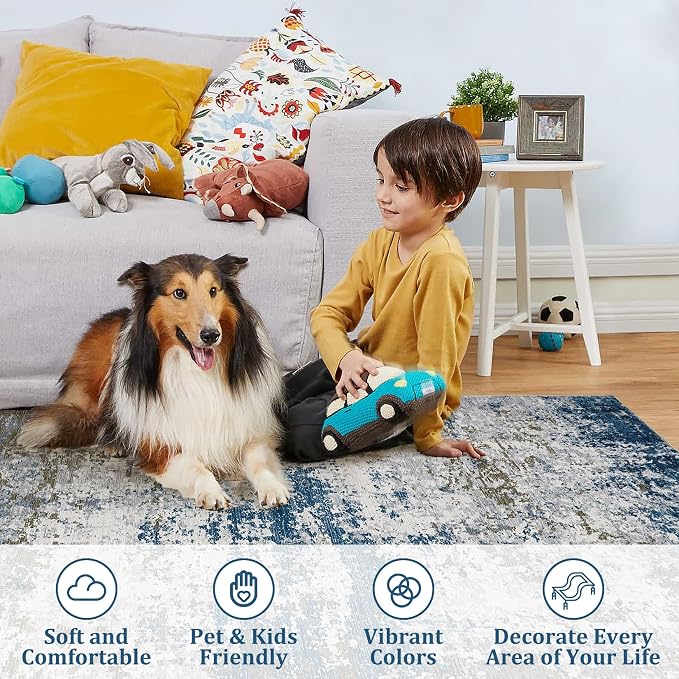 ROYHOME 10x13 Modern Abstract Area Rug Faux Wool Low Pile Ultra Soft Stain Resistant Accent Washable Non Slip Non Shedding Throw Rug for Living Room Bedroom Home Decor, Navy