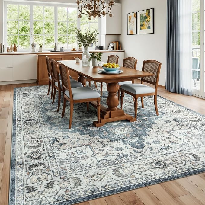 Lessymo Large Area Rugs 9x12 for Living Room, Soft Washable Rug for Bedroom Dining Room Nursery Room Farmhouse, Boho Non Slip Low Plie Carpet Vintage Floral Design, Blue Grey/Beige