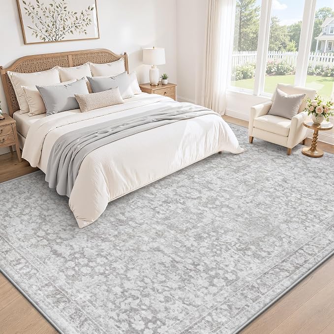 8x10 Area Rugs for Living Room: Boho Vintage Washable Rug Non-Slip Soft Stain Repellent Area Rugs Indoor Low-Pile Large Carpet for Bedroom Office Dining Room Playroom Farmhouse (Grey, 8'x10')