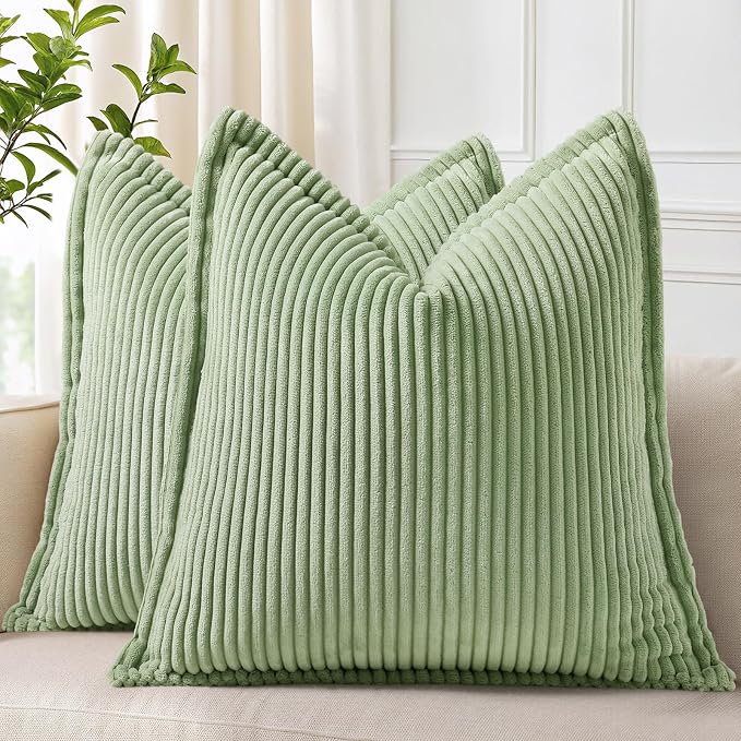 decorUhome Fall Corduroy Sage Green Throw Pillow Covers 18x18 Set of 2 | Couch Decorative Soft Modern Boho Farmhouse Pillow Covers Broadside Striped Pillow Cases for Living Room Bed Sofa
