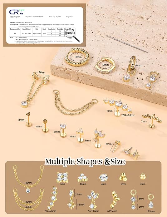 ORAZIO 16G/18G/20G Threadless Flat Back Earrings 316L Surgical Steel Cartilage Earring Stacks Flatback Push in Nose Rings Studs Hypoallergenic Tragus Helix Conch Labret Medusa Piercing Jewelry
