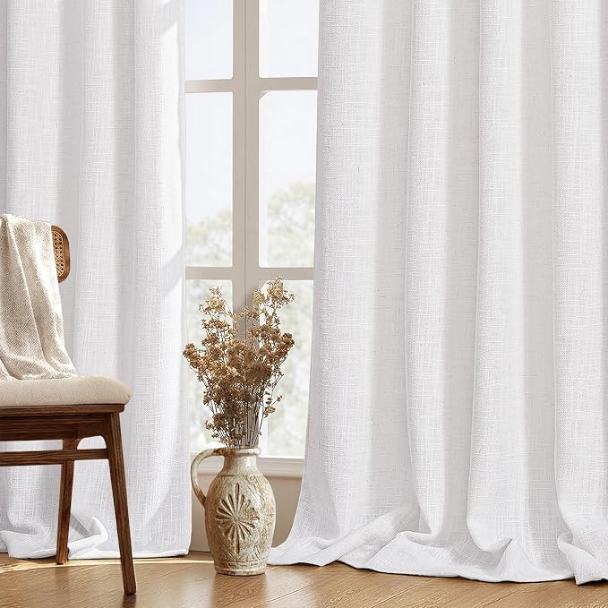 MIULEE Thick Linen White Curtains, 42Wx96L, Semi Sheer Linen Textured | Light Filtering Window Privacy Drapes with Back Tab Rod Pocket for Farmhouse/Living Room/Bedroom, Set of 2