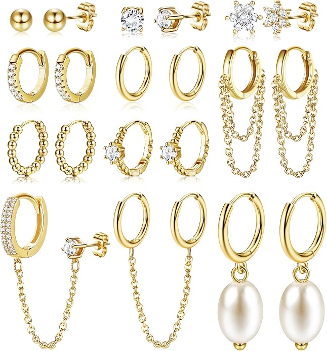 Small 14K Gold Plated Huggie Hoop Earrings for Women Lightweight Double Piercing Chain Earrings Dainty Stud Earrings Hypoallergenic 14K Gold Plated Hoop Earrings Set