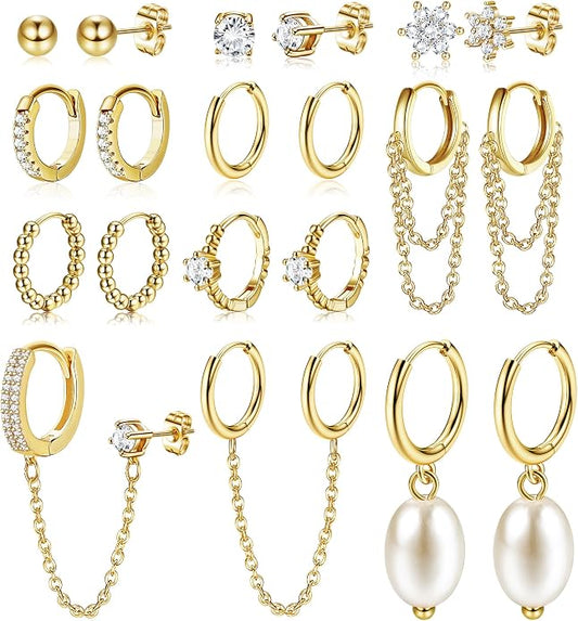 Small 14K Gold Plated Huggie Hoop Earrings for Women Lightweight Double Piercing Chain Earrings Dainty Stud Earrings Hypoallergenic 14K Gold Plated Hoop Earrings Set
