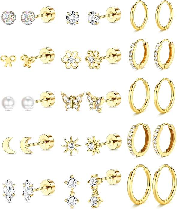 LOLIAS 14K Gold Plated Flat Back Earrings - Hypoallergenic Surgical Stainless Steel Stud Hoop Earrings for Women Girls Cute Stud Earring Set Small Huggie Hoops Cartilage Earring Stacks