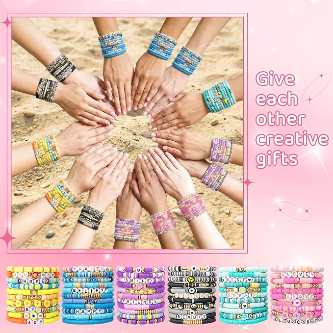 Landical 64 Pcs Preppy Jewelry Bracelets for Women Colorful Vinyl Bead Clay Party Favor Packs Bulk Beaded Bracelet Accessories Jewelry for Boho Summer Beach Goody Bag Fillers Party Supplies