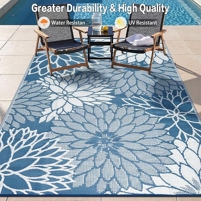 HUGEAR 9'x12' Outdoor Rug Waterproof Plastic Straw Rugs Large Blue Reversible Floral Mat Floor Carpet for Camping RV Deck Entryance Porch Picnic Balcony Beach Backyard