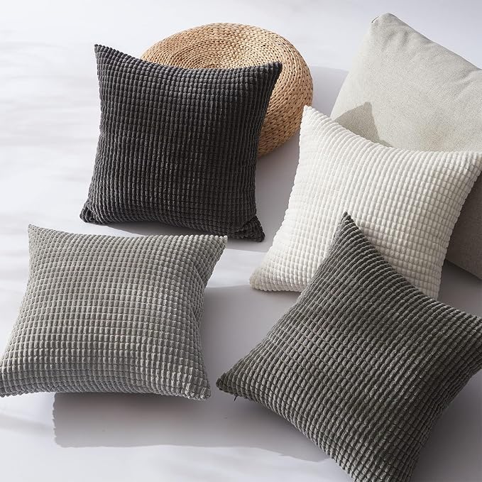 Topfinel 4 Packs Grey Decorative Throw Pillow Covers 22x22 Inch for Living Room Couch Bed Sofa, Boho Western Farmhouse Home Decor, Square Soft Moss Corduroy Fall Cushion Case 55x55 cm