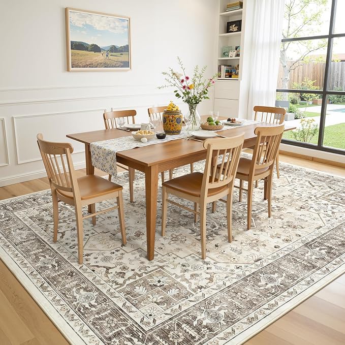 Neutral Camel 8x10 Rug for Living Room - Large Vintage Farmhouse Eclectic Brown Medallion Carpet, Washable Low Pile Non-Slip Area Rug for Dining Under Table, Bedroom, Office, Nursery, Lounge