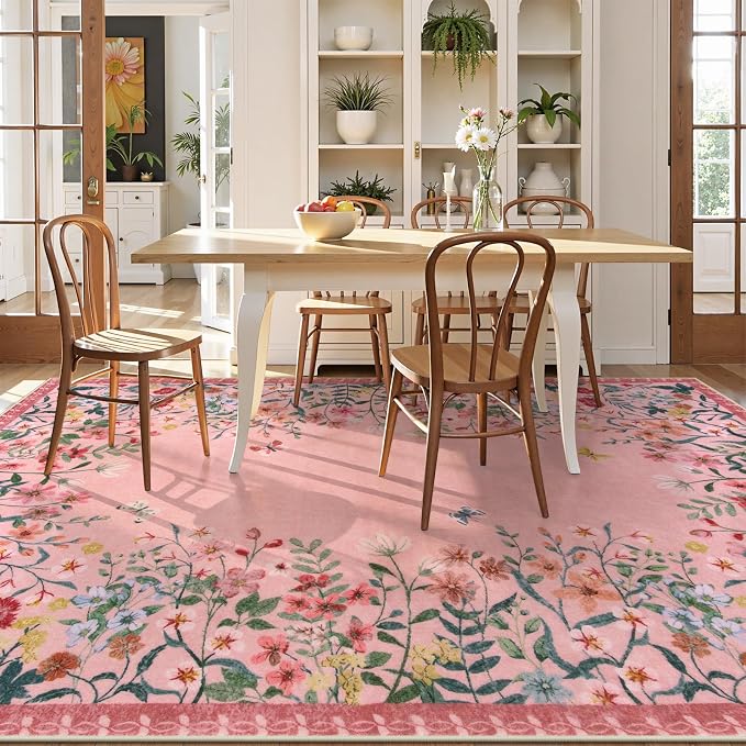 Wonnitar 9x12 Washable Area Rug, Pink Floral Rug for Living Room, Boho Large Non Slip Bedroom Carpet, Cute Botanical Nursery Rug, Soft Low Pile Kids Playroom Decor (9x12 Pink)