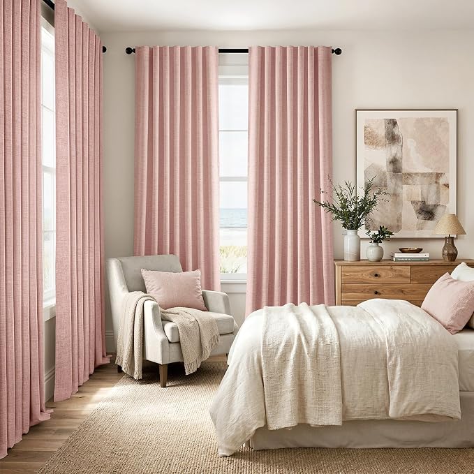 MIULEE 100% Blackout Linen Curtains 42 x 90 Inch Blush Pink 2 Panels | Thermal Insulated, Room Darkening Drapes for Bedroom Living Room, Back Tab Rod Pocket Pinch Pleated, Solid Luxury Decor
