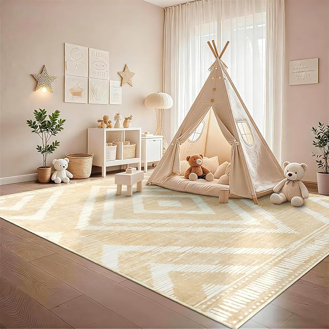Boho Washable Area Rugs 6x9ft for Living Room, Beige Cream Thin Bedroom Rugs Non Slip, Modern Trellis Soft Kids Nusery Floor Carpets for Dining Room Playroom Home Office Decor