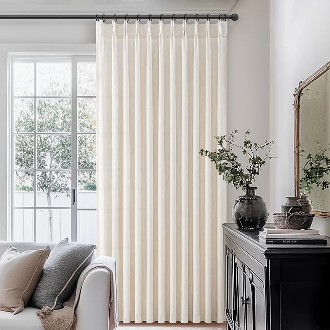 Extra Wide 100 Inch Ivory Beige Light Filtering Living Room Curtains 108 Inches Long, Memory Trained Pleated Natural Linen Blend Privacy Semi Sheer Farmhouse Windows Drapes Large Curtain 2 Panels Set