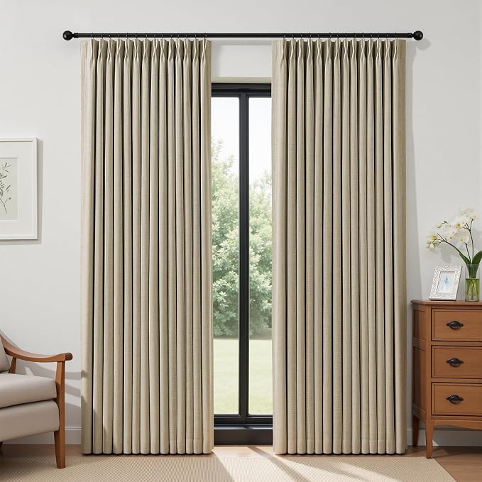IVAPUPU Sand Pinch Pleated Full Blackout Linen Curtains for Bedroom, Black Out Curtains 84 Inches 1 Panel for Living Room Darkening Thermal Insulated Neutral Pleat Drapes with 12 Hooks, 70''Wx84''L