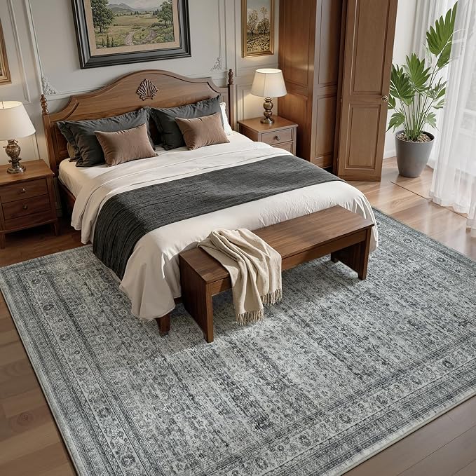 8x10 Washable Area Rugs for Living Room Bedroom, Non-Slip Large Rugs | Vintage Distressed Retro; Low Pile; Stain Resistant; Neutral Boho Carpet for Dining Room, Nursery, Home Office; Foggy Grey