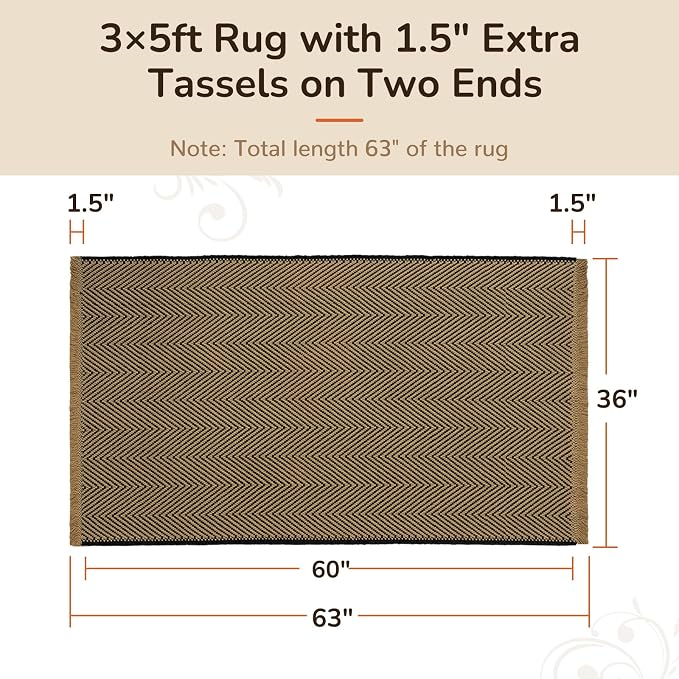 3x5 Washable Boho Area Rug with Tassels for Living Room Beige Black | Vacuum Friendly, Machine Washable, Non-Slip Rug, Modern Farmhouse Neutral Decor Carpet, Bedroom Dining Room Office Kitchen