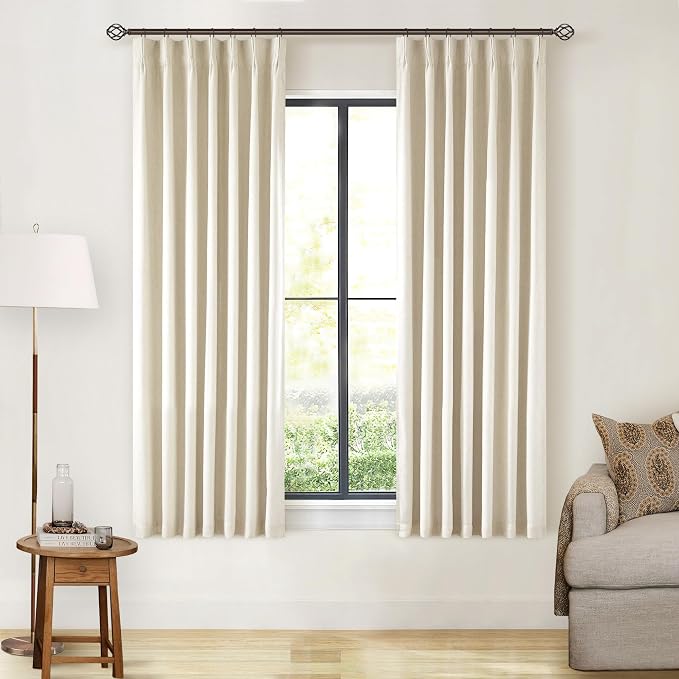 Cream Beige 63 Inch Length Blackout Pinch Pleated Linen Curtains with Liner | Memory Trained, 100% Black Out, Thermal Insulated, UV Blocking, Noise Reducing Curtains for Small Window Bedroom 2 Panels