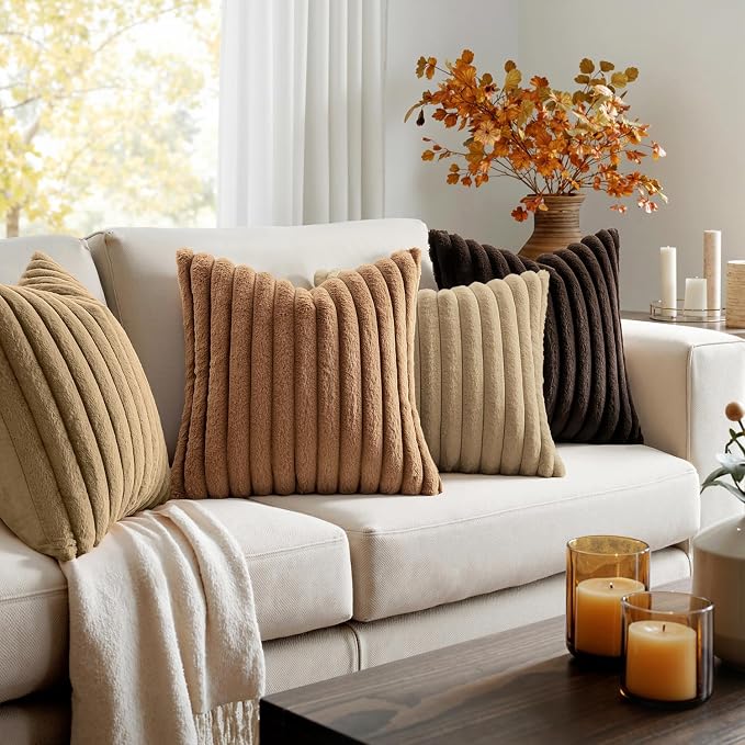 MIULEE Faux Fur Plush Decorative Throw Pillow Covers 20x20 Set of 4, Boho Fall Farmhouse Soft Fuzzy Striped Cushion Covers for Sofa Couch Bed Living Room Vintage Rustic Home Decor,Dark Brown