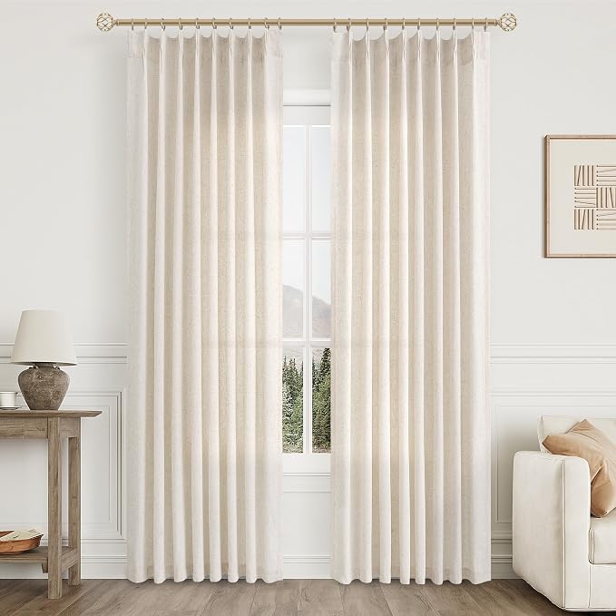 Aersas Natural Pinch Pleat Linen Curtains 84 Inch Length 2 Panels Set for Bedroom Dining Room Semi Sheer Linen Boho Farmhouse Neutral Window Curtains 84 Inches Long for Living Room Nursery 50x84