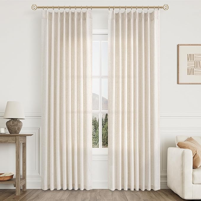 Aersas Natural Pinch Pleat Linen Curtains 82 Inch Length 2 Panels Set for Bedroom Dining Room Semi Sheer Linen Boho Farmhouse Neutral Window Curtains for Living Room Nursery Natural Cream 50x82