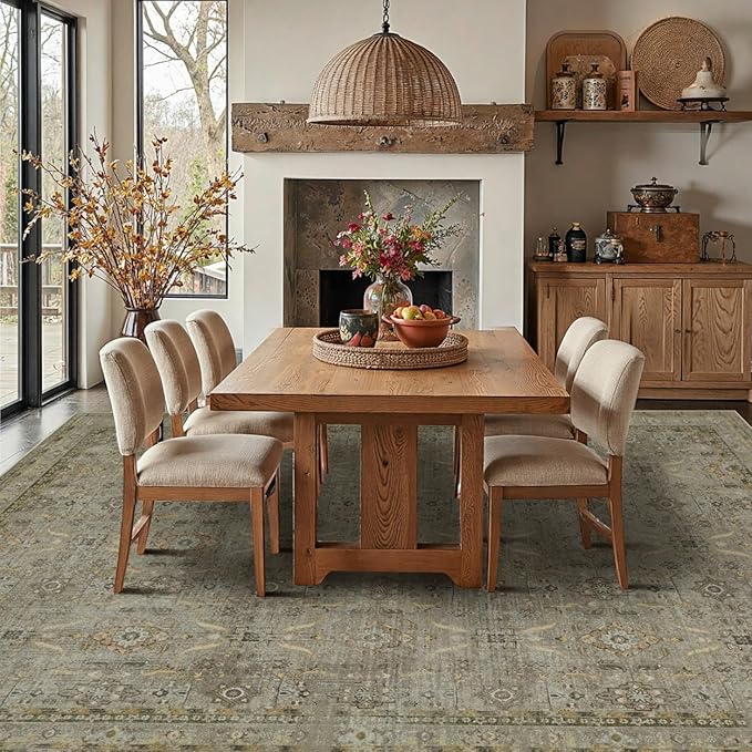 Rugxara 8x10 Area Rugs for Living Room Large Washable Rug, Olive Brown | Non Slip, Rug for Dining Room Bedroom Office Kids Room, Stain Resistant, Soft, Low Pile, Vintage Boho Retro Carpet,Home Decor