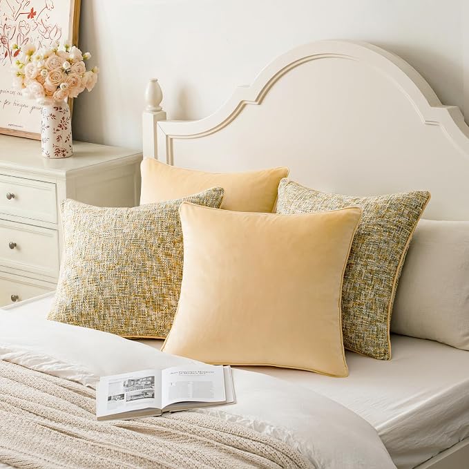 a moment Yellow 4 Pack Throw Pillow Covers - Chenille & Velvet Set with Piping, Farmhouse Textured Design Pillow Cases for Couch Sofa Bed Livingroom (16x16 Inch, No Insert)